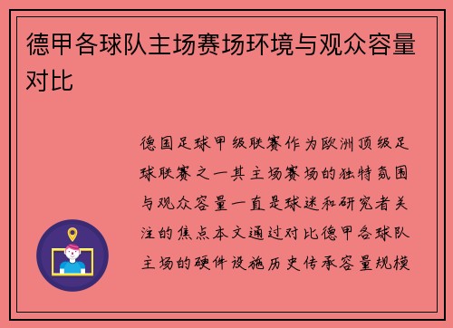 德甲各球队主场赛场环境与观众容量对比